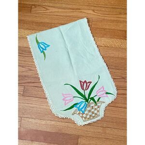 Vintage Green Embroidered Table Dresser Runner Crochet Edge Tulips Basket 15x48
